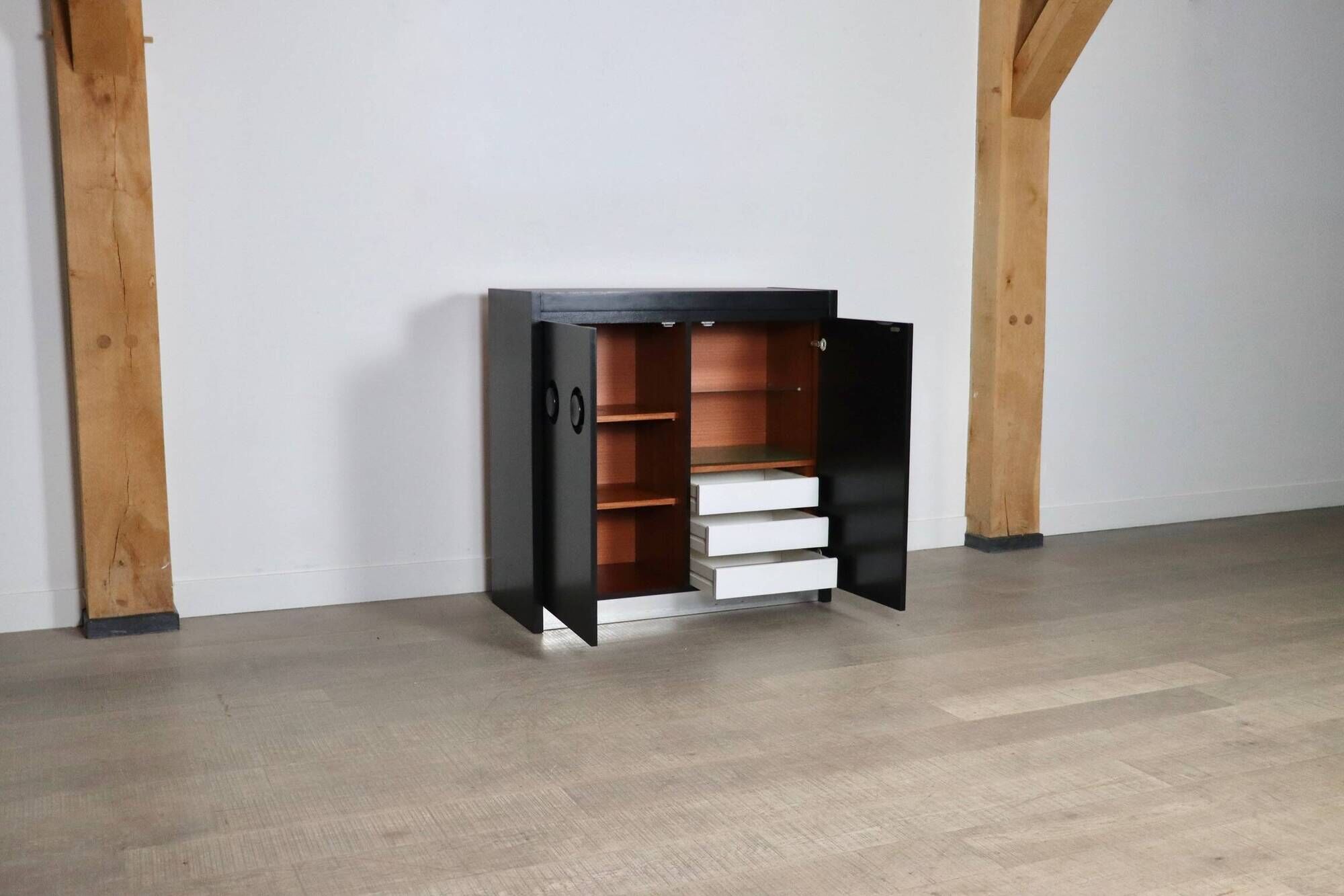 Midcentury Modern Brutalist Highboard Bar Cabinet In Black Lacquered Wood And Chrome, Belgium 1970s