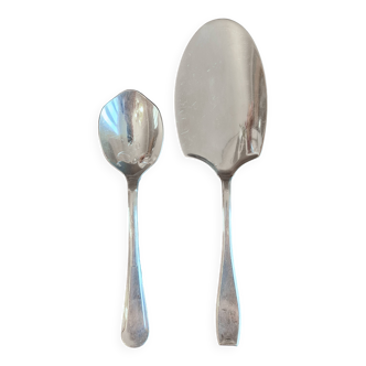 Silver-plated metal serving spoon and French fry shovel signed "Wiskmann"
