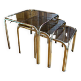 Set of 3 square nesting tables 1970 brown smoked glass