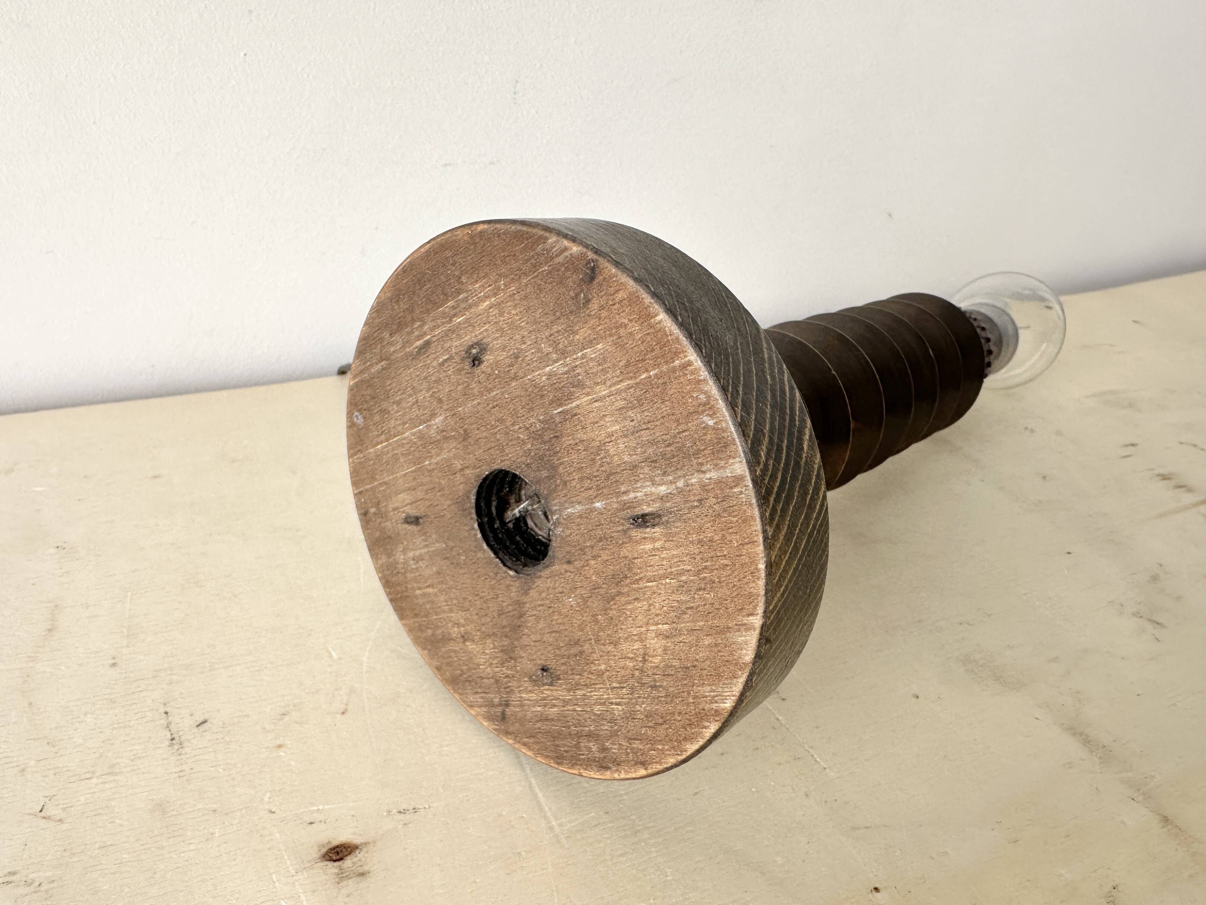 Rustic wooden turned lamp base from the 1950s, vintage rustic lighting.