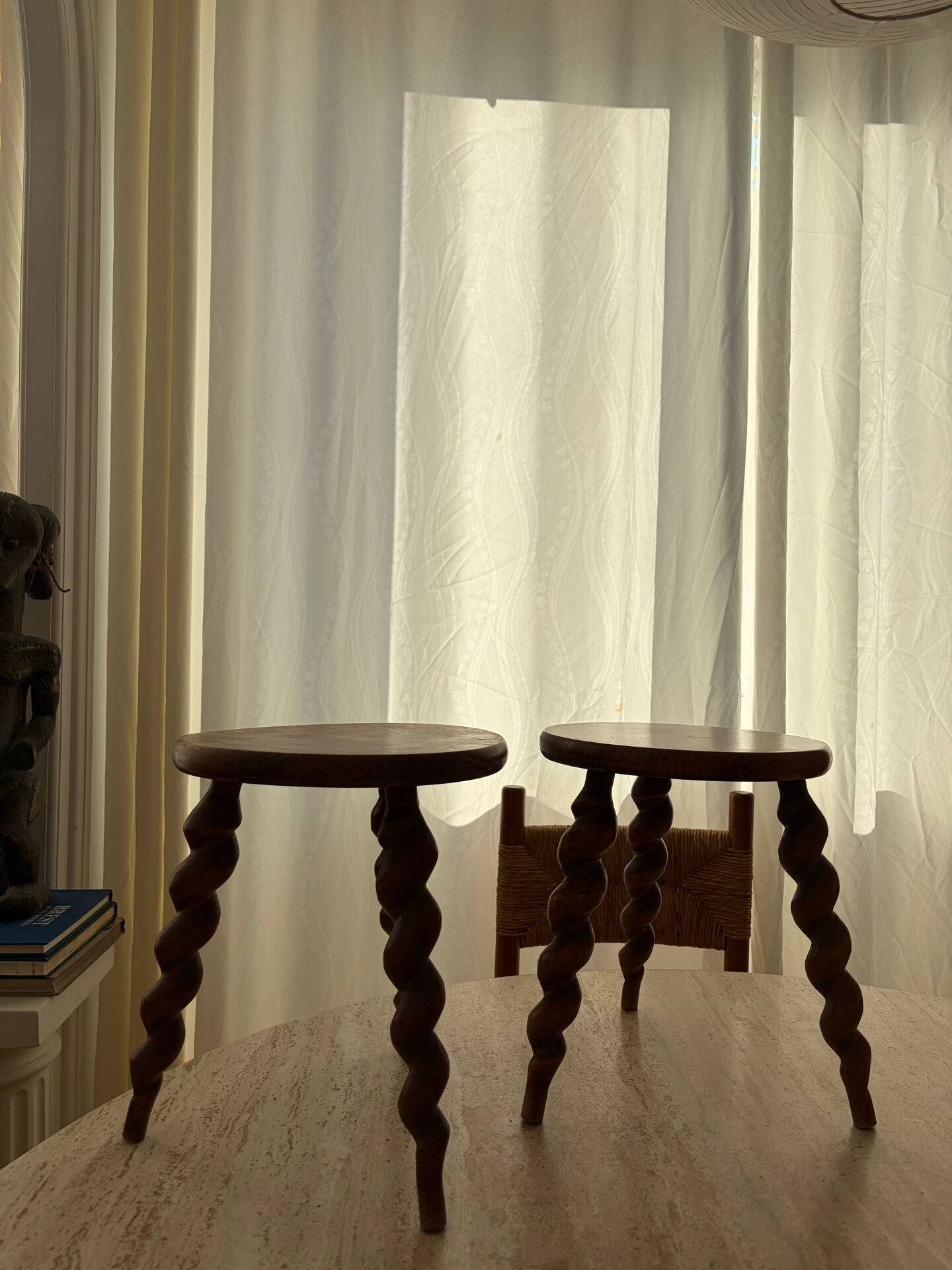 Pair of twisted wooden tripod stools