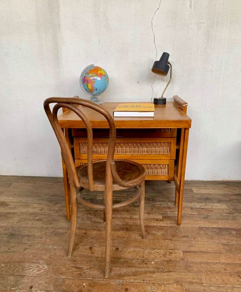 Modernist vintage chest of drawers in light chene has 3 drawers rattan top changing table