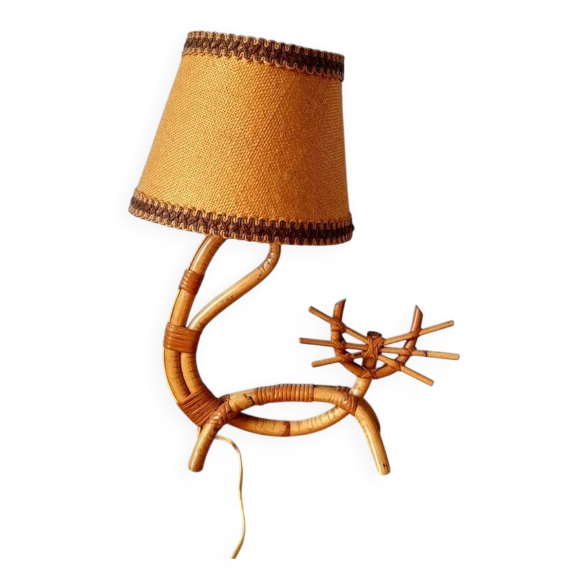 Lampe chat en rotin 1960