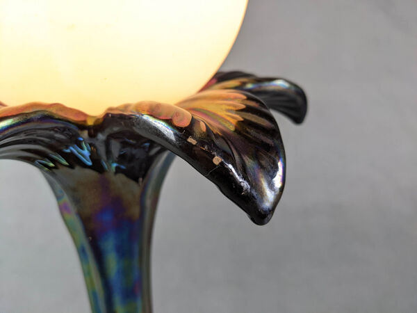 Lampe céramique palmier globe, design italien 70-80, céramique bleu irisé, globe blanc