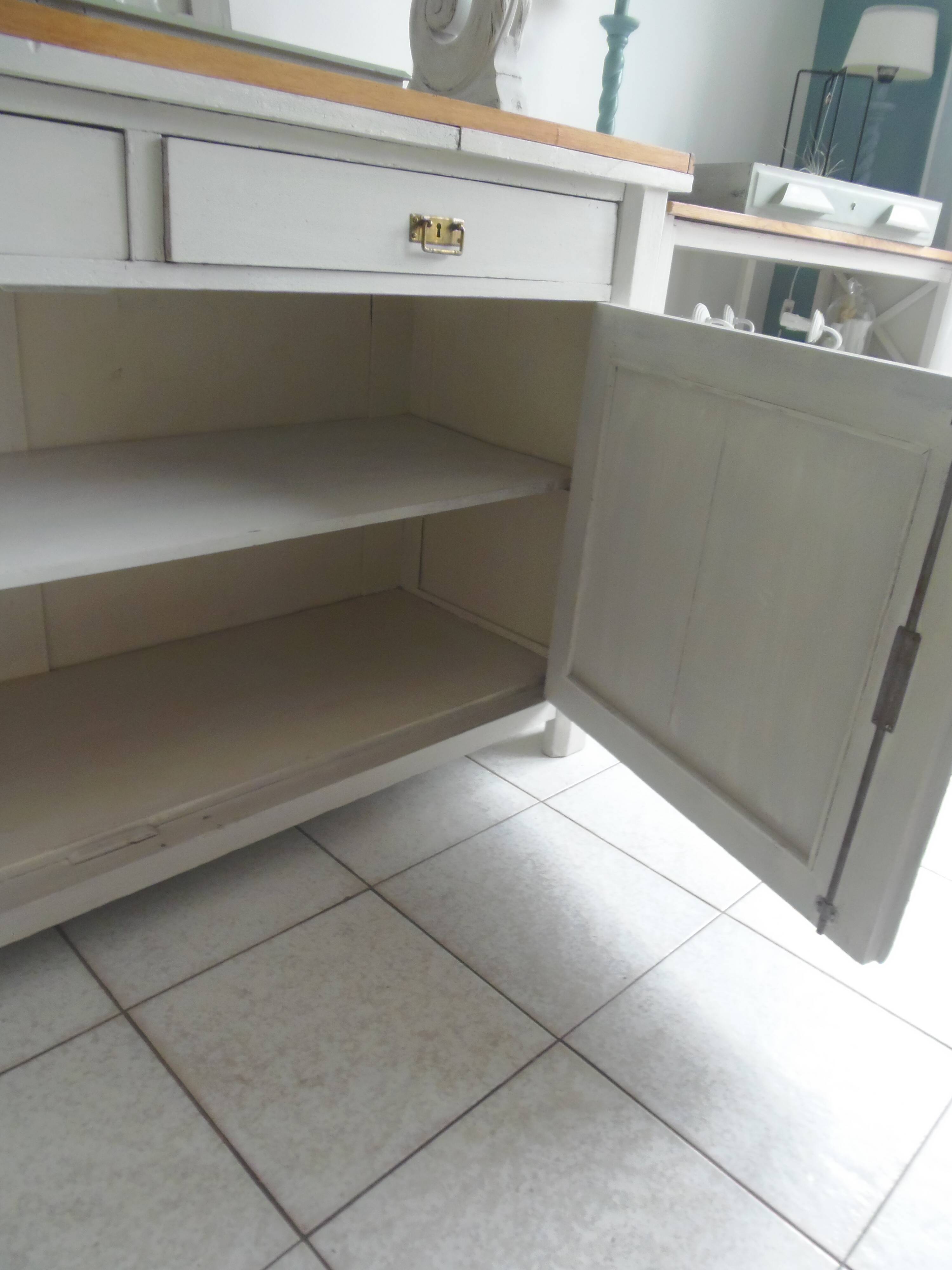 Vintage sideboard, 2 drawers, 1 shelf, 2 pearl gray patinated doors, wooden top.