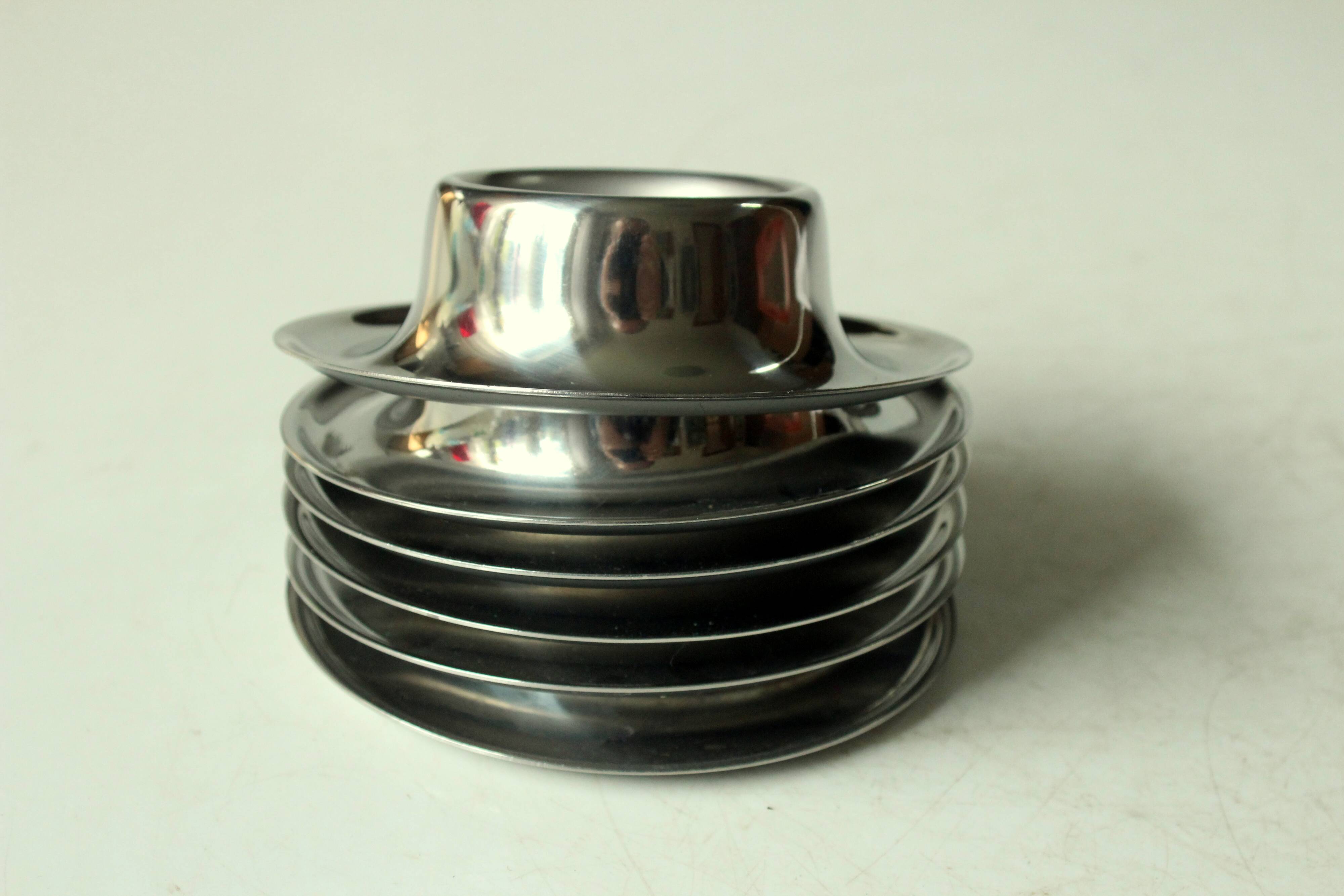 Set of 6 stainless steel egg cups, vintage from the 60s