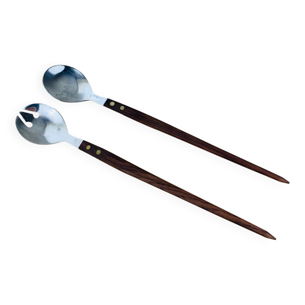 Couverts à salade en teck & inox style scandinave, années 60