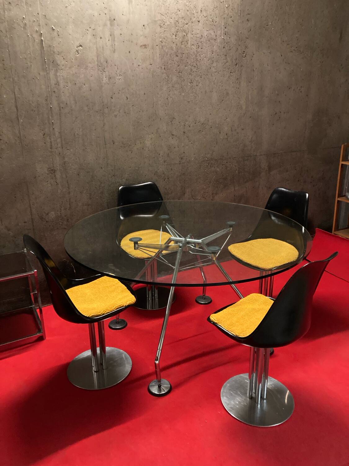 Set of black and yellow tulip chairs