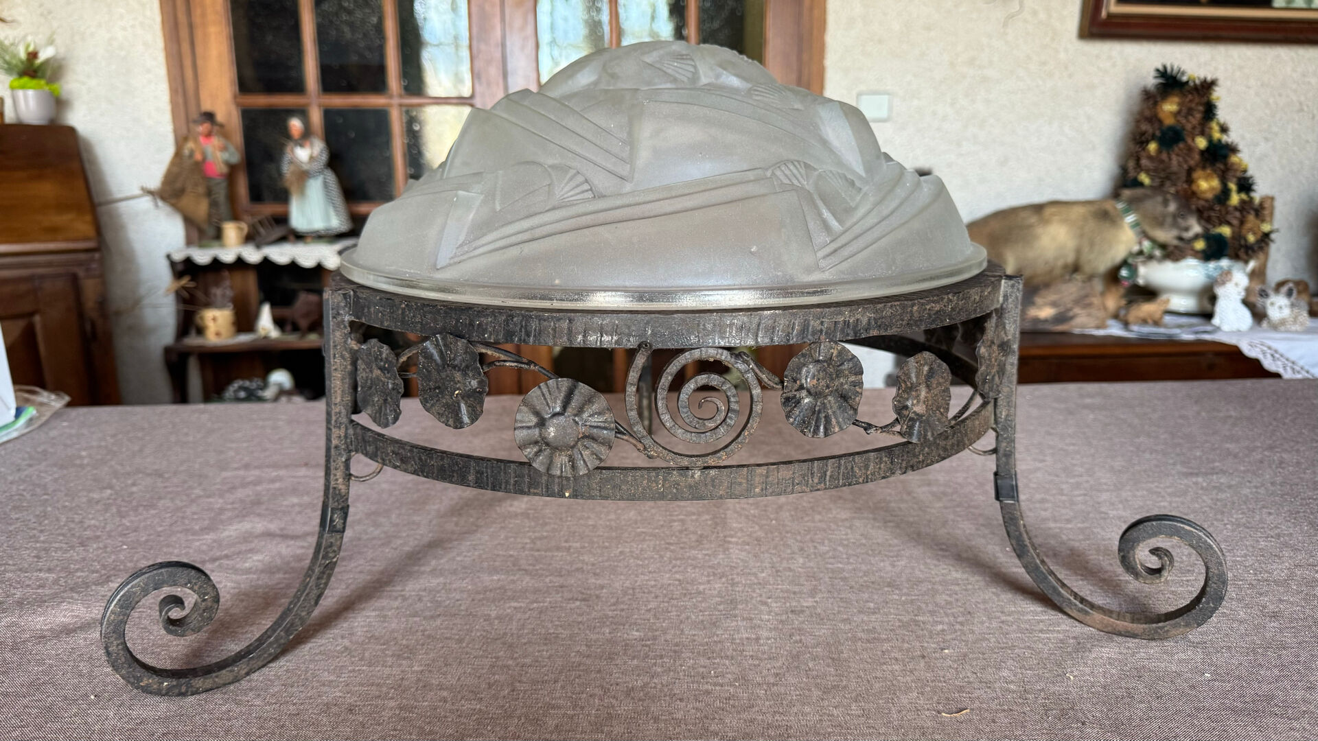 Art Deco ceiling light with wrought iron support