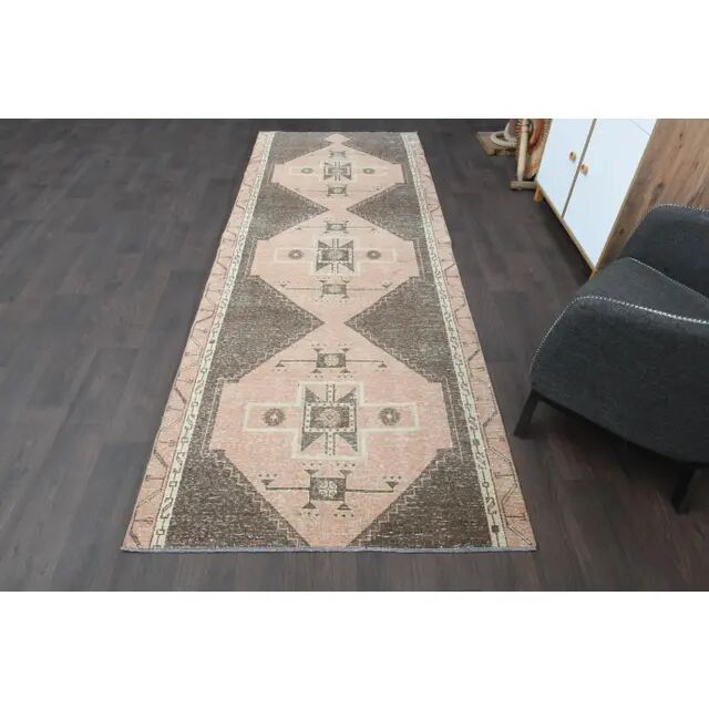 1970s Turkish Oushak Handmade Wool Cotton Brown Runner Rug 120x314