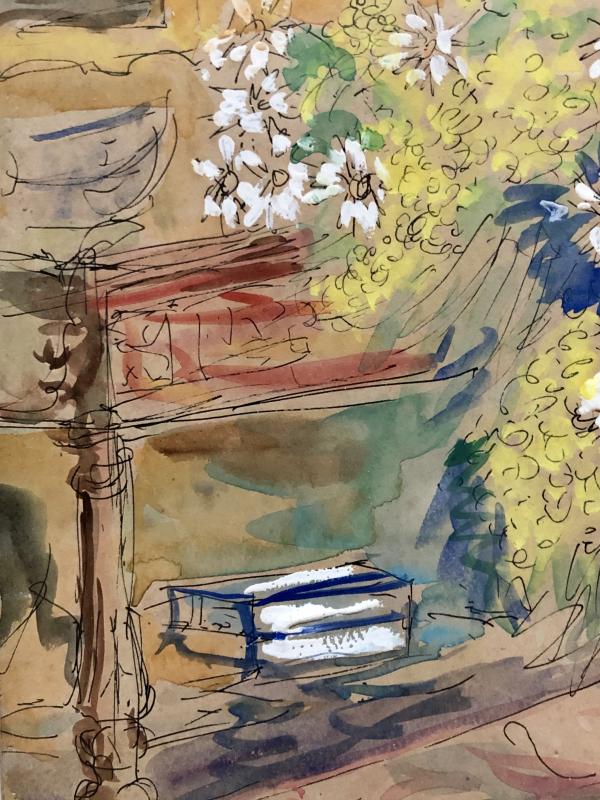 1930s/1950s, Watercolor Gouachée Figurant Un Intérieur Au Bouquet De Fleurs.