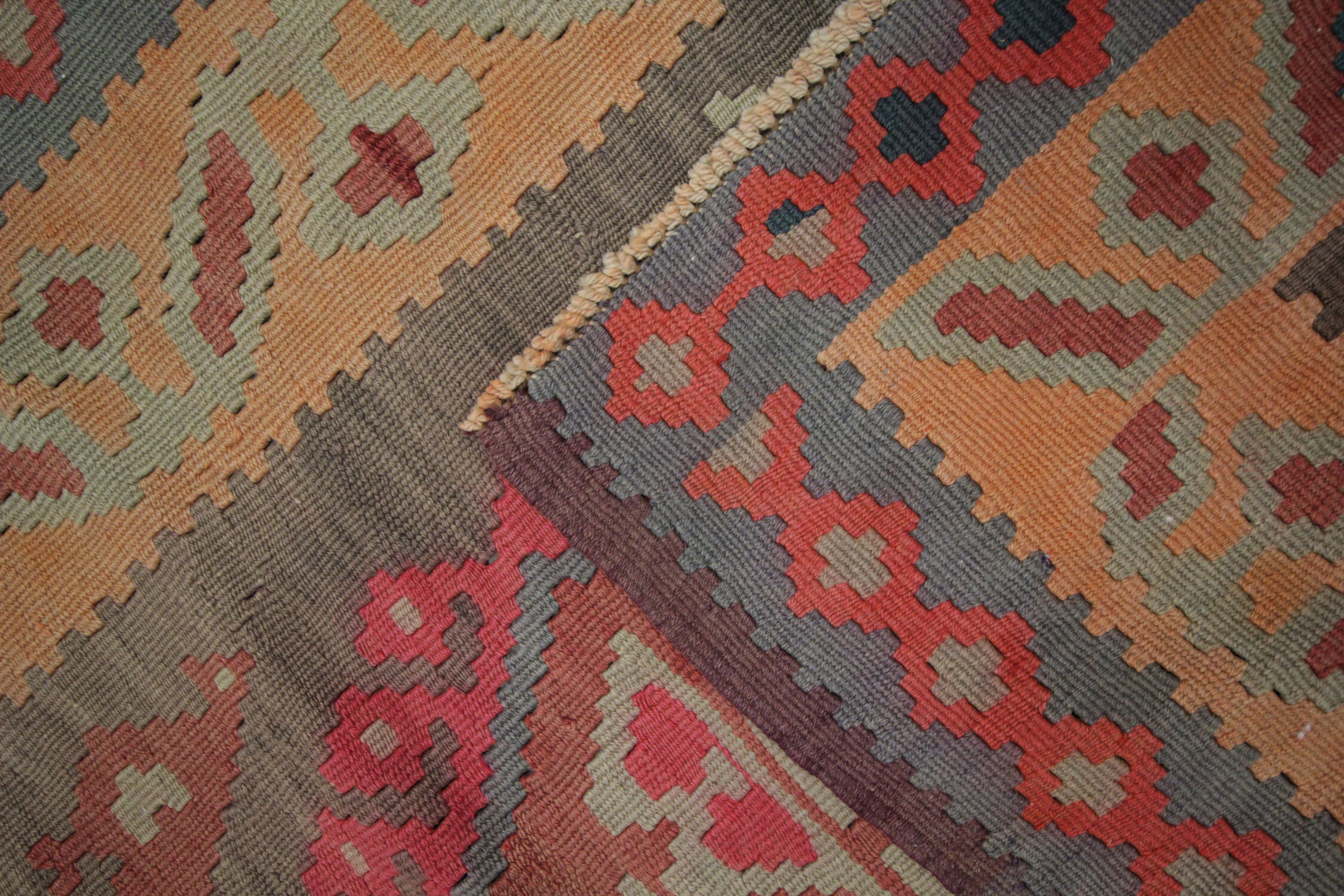 Handwoven vintage kilim rug grey pink wool carpet area rug- 147x342cm