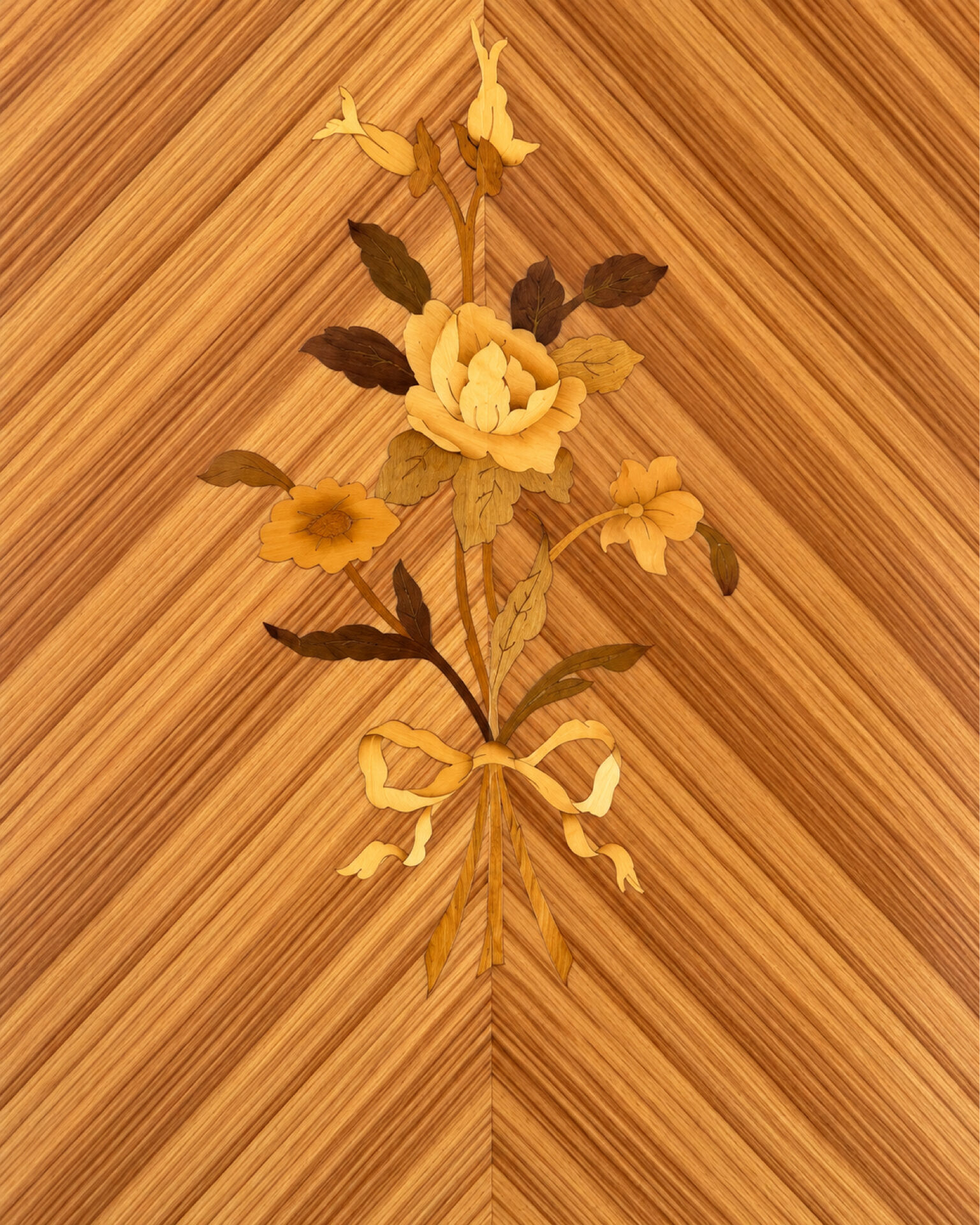 Vintage 1970s wardrobe with floral marquetry, mirrors, and gold details.