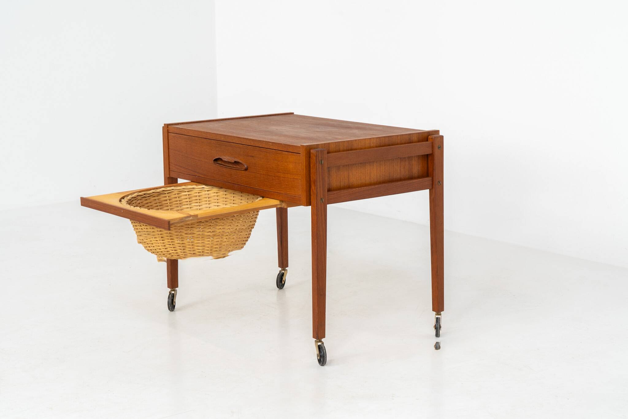 Teak sewing trolley / side table on castors