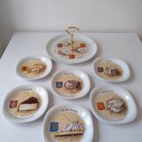 Limoges porcelain cheese service with drawing of regional cheeses and coats of arms 1 tray and 6 plates