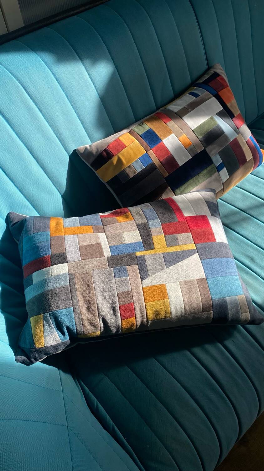 Patchwork cushions made from upholstery fabric