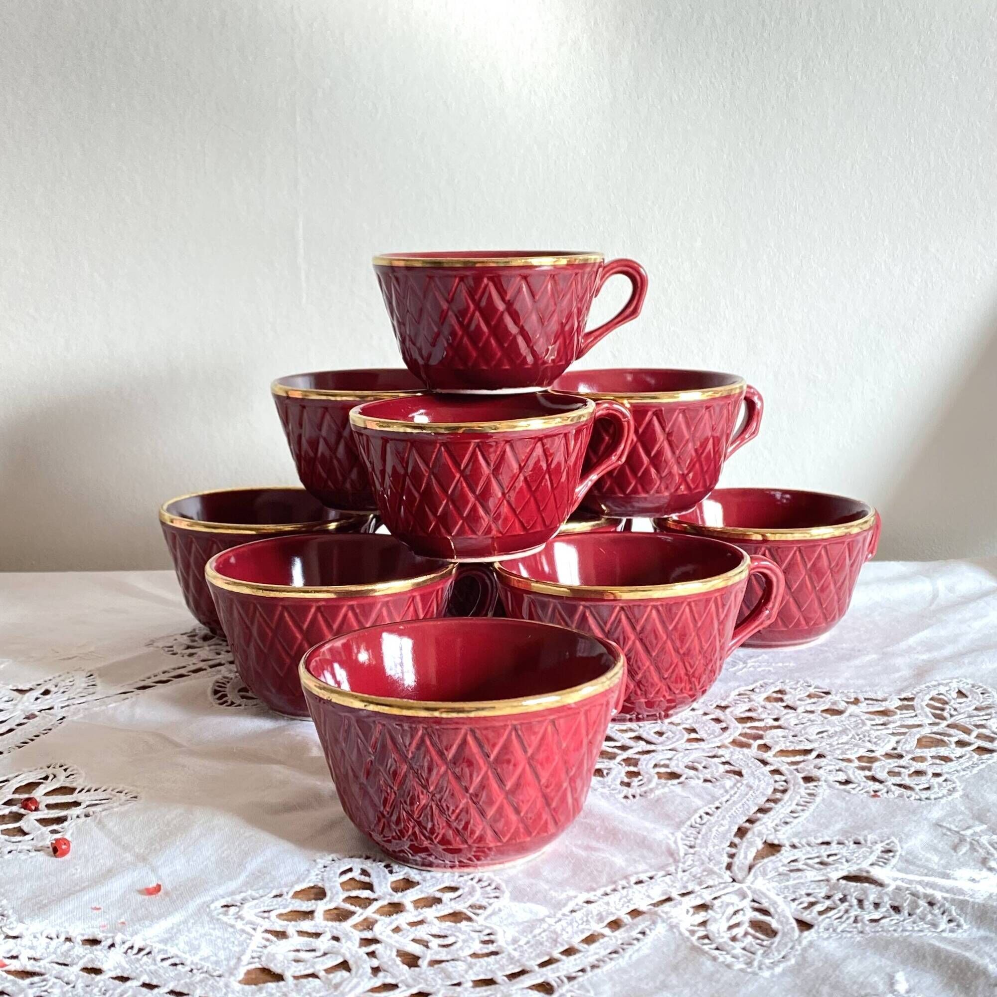 Set of 10 old red and gold ceramic coffee tea cups ACC-7234