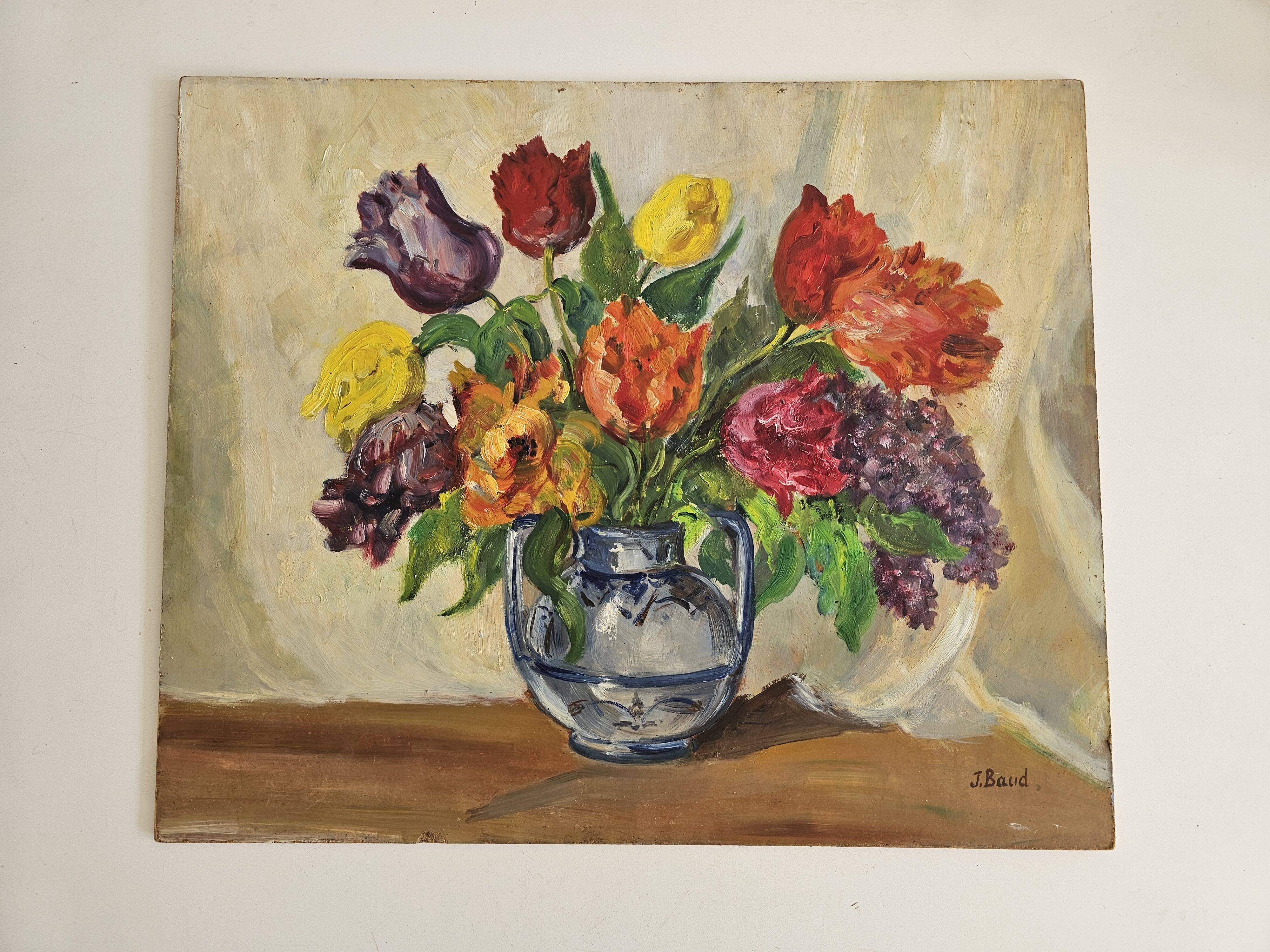 Oil Painting on Isorel - Bouquet of Tulips & Lilacs Signed J Baud