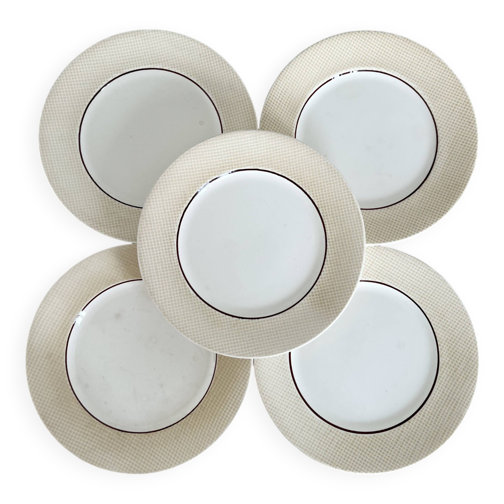 5 vintage earthenware dessert plates stamped Salins - Marli beige and white gingham