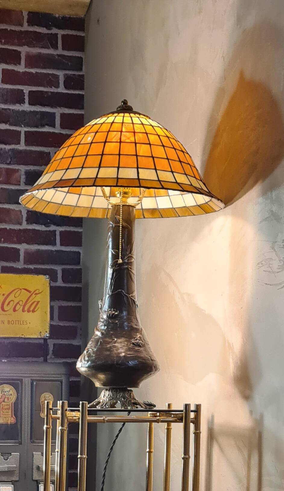 Large bronze lamp nynph in the bath 63x38 superb tiffany style lampshade