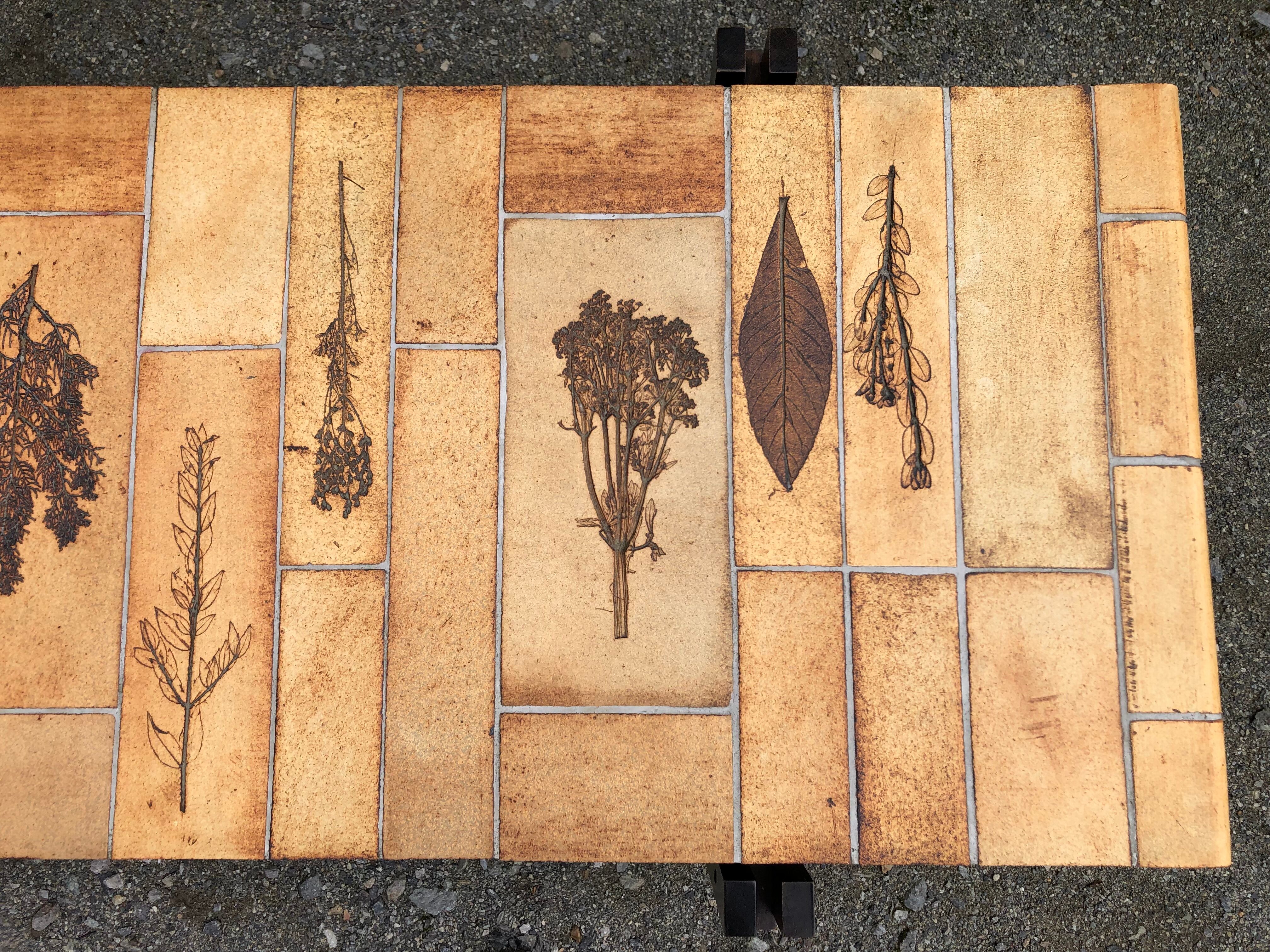 Vintage ceramic coffee table decorated with herbarium decoration Roger Capron