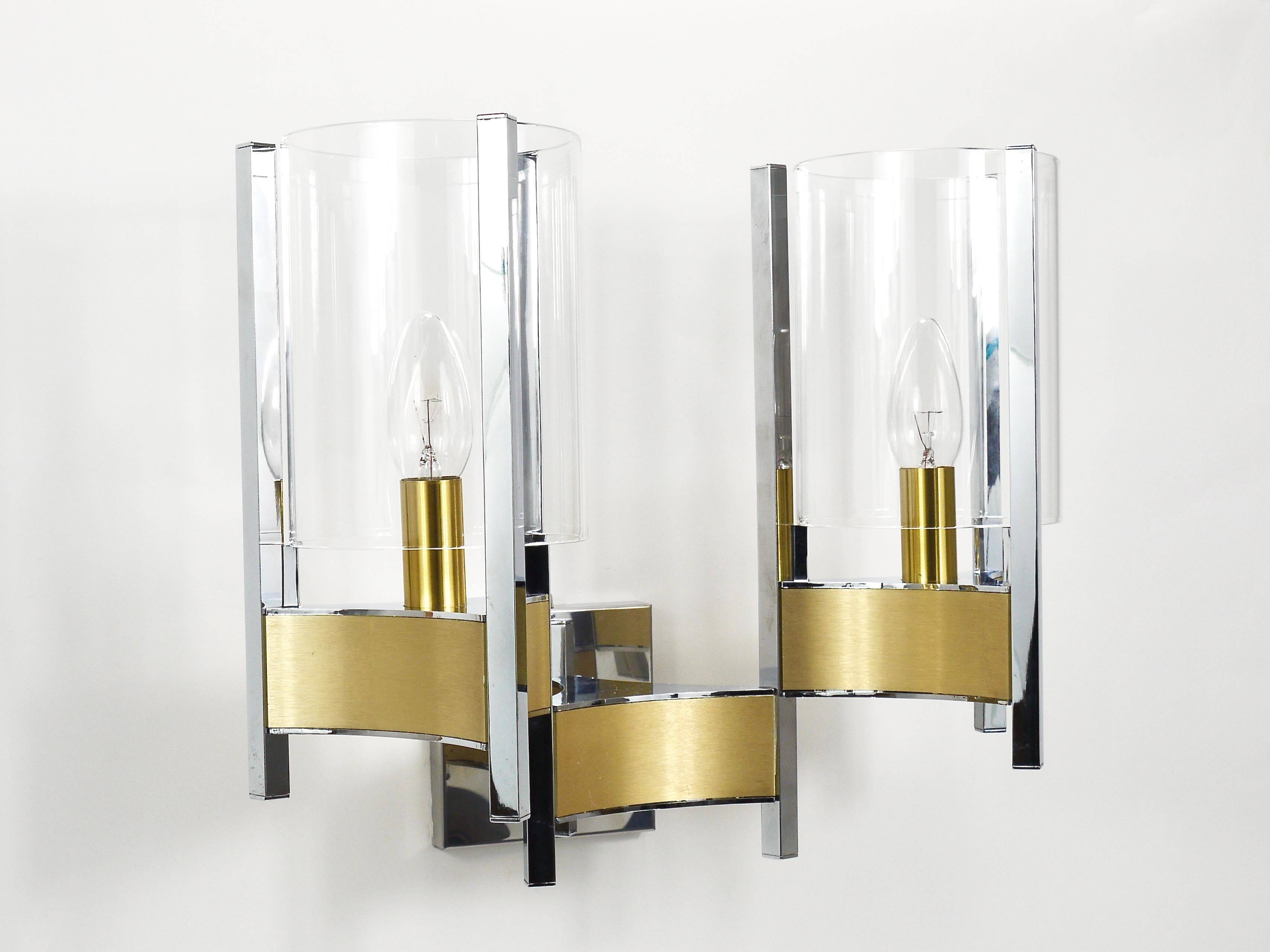 Gaetano Sciolari Large Wall Sconces / Sconces, Chrome, Brass, Glass, 1970s