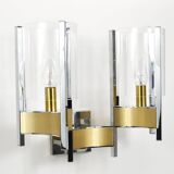 Gaetano Sciolari Large Wall Sconces / Sconces, Chrome, Brass, Glass, 1970s