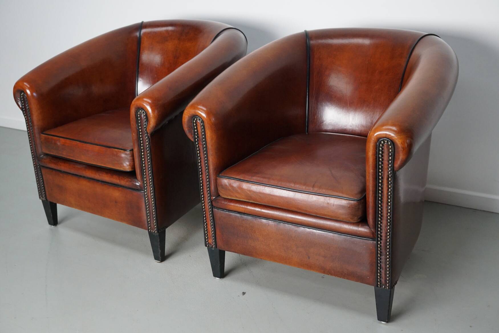 Vintage Dutch Cognac Leather Club Chairs, Set of 2