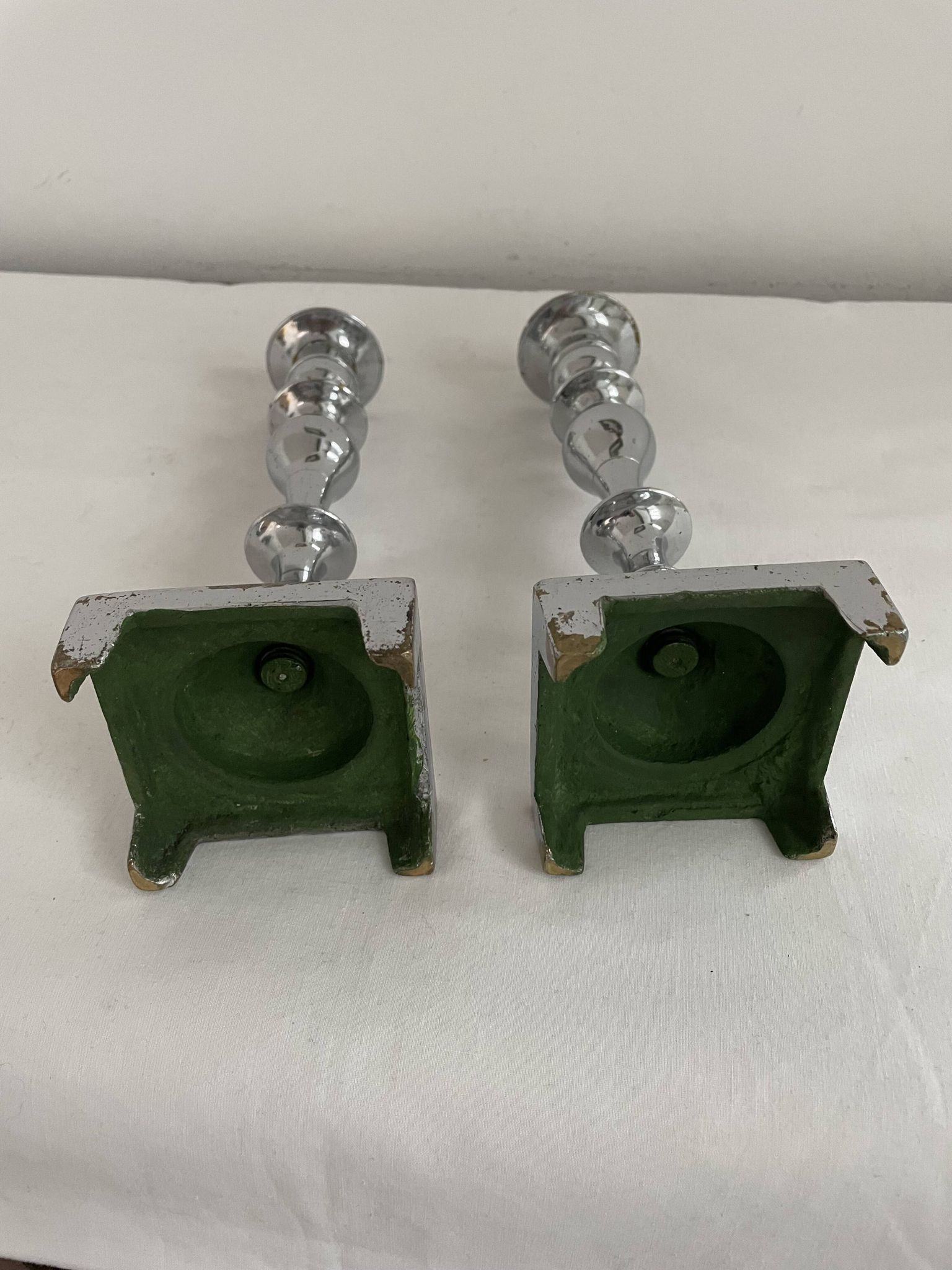 Large antique silver plated candlesticks, square base, pair, classic