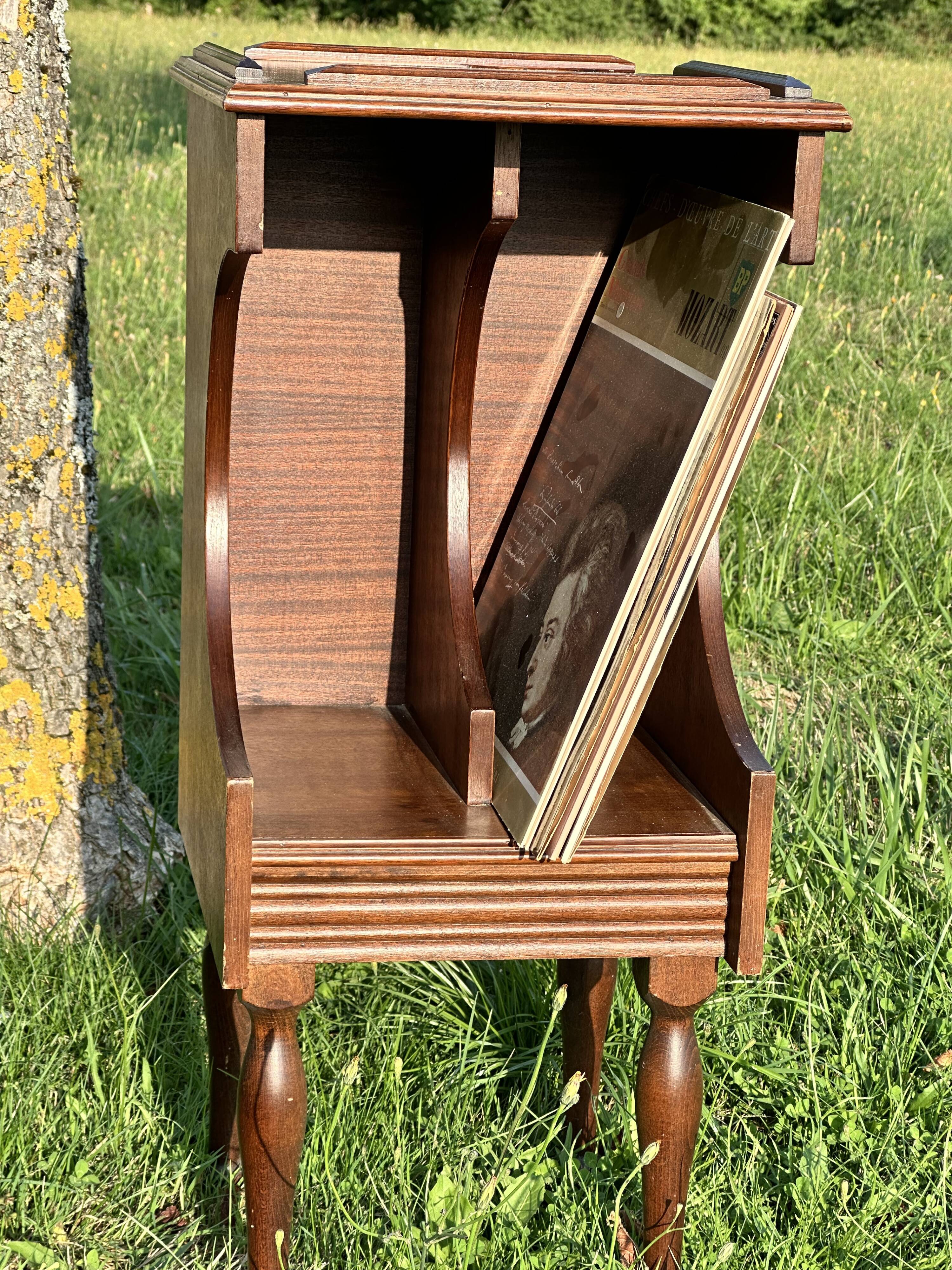Vintage Dark Brown Wood Side Table - Vinyl Record Book Holder