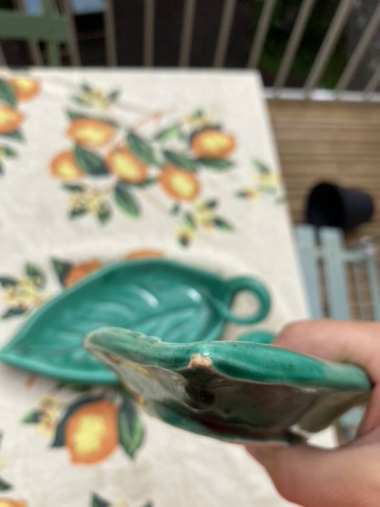 Duo of Vallauris raviers in the shape of green leaves signed Cérenne