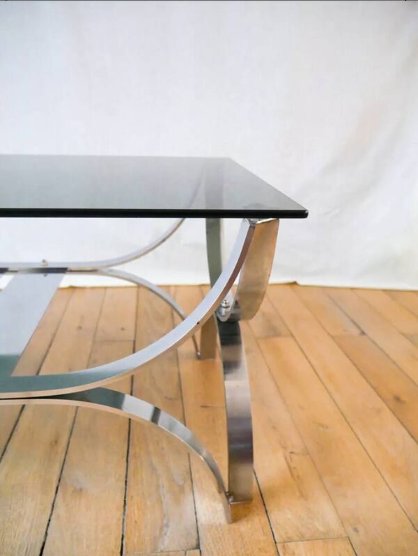 Table basse rectangulaire en verre fumé et chrome double plateaux Design 1970