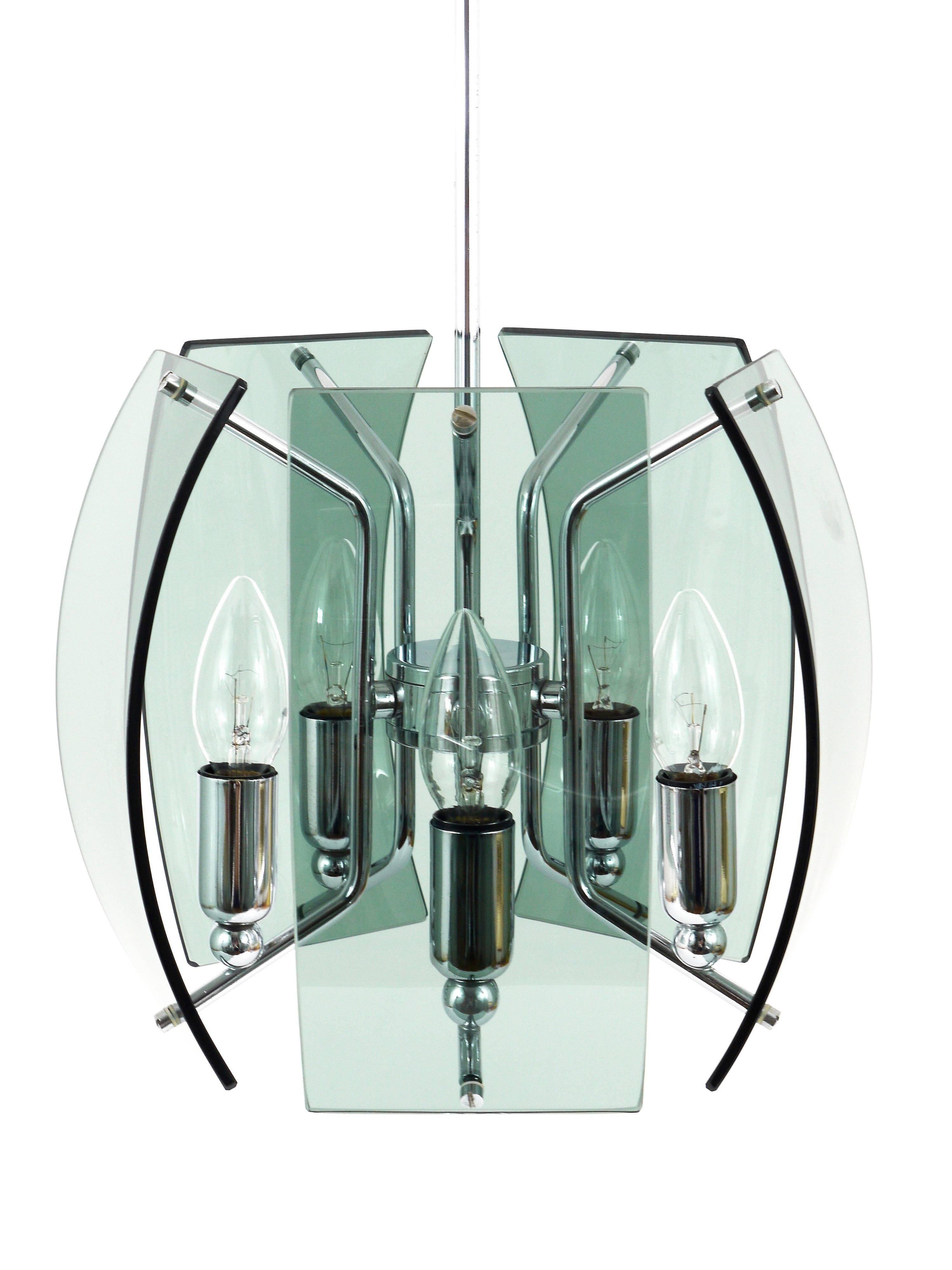 Glass and chrome chandelier in the Fontana Arte style, mid-century, Italy, 1960s.