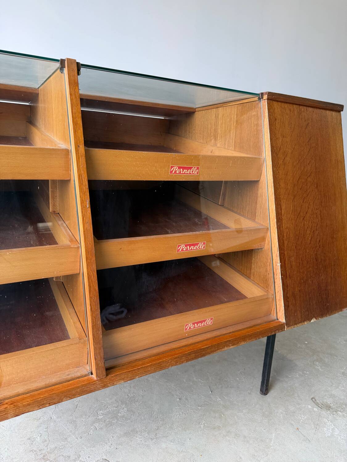 Antique teak craft shop furniture / counter / haberdashery display cabinet.