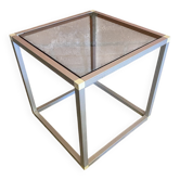 Table Basse Ancienne Cube Alu + Verre Fumé Années 80 Vintage