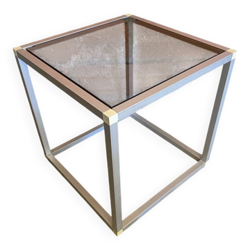 Table Basse Ancienne Cube Alu + Verre Fumé Années 80 Vintage