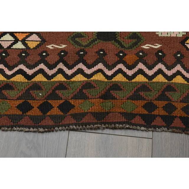 1970s Vintage Turkish Handmade Wool & Cotton Brown Runner Rug 178x475