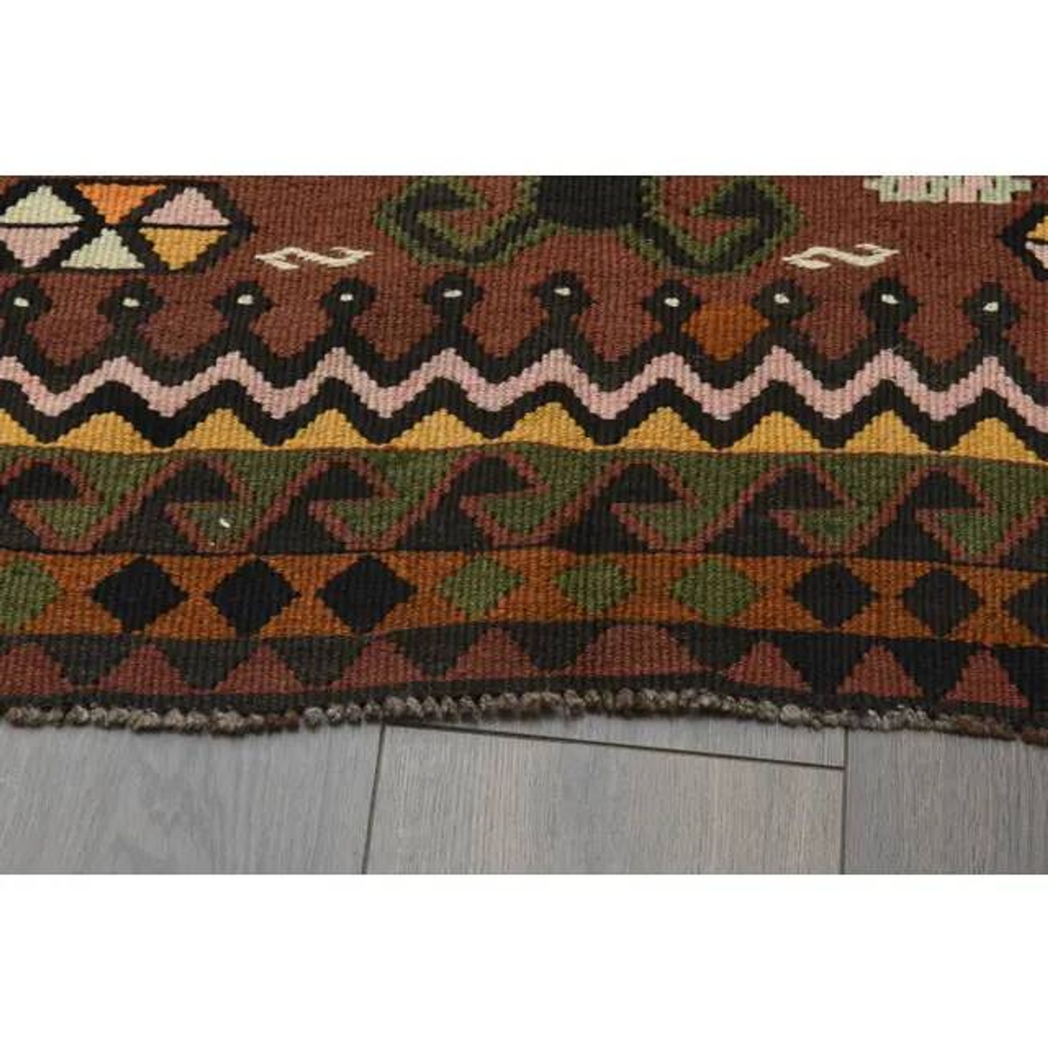 1970s Vintage Turkish Handmade Wool & Cotton Brown Runner Rug 178x475