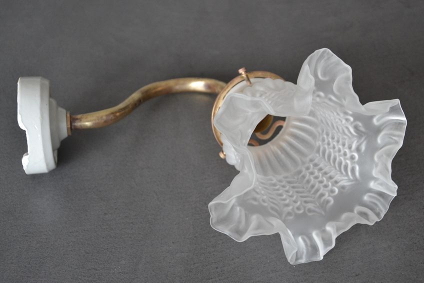 Wall lamp with glass tulip lampshade, brass swan collar holder and porcelain