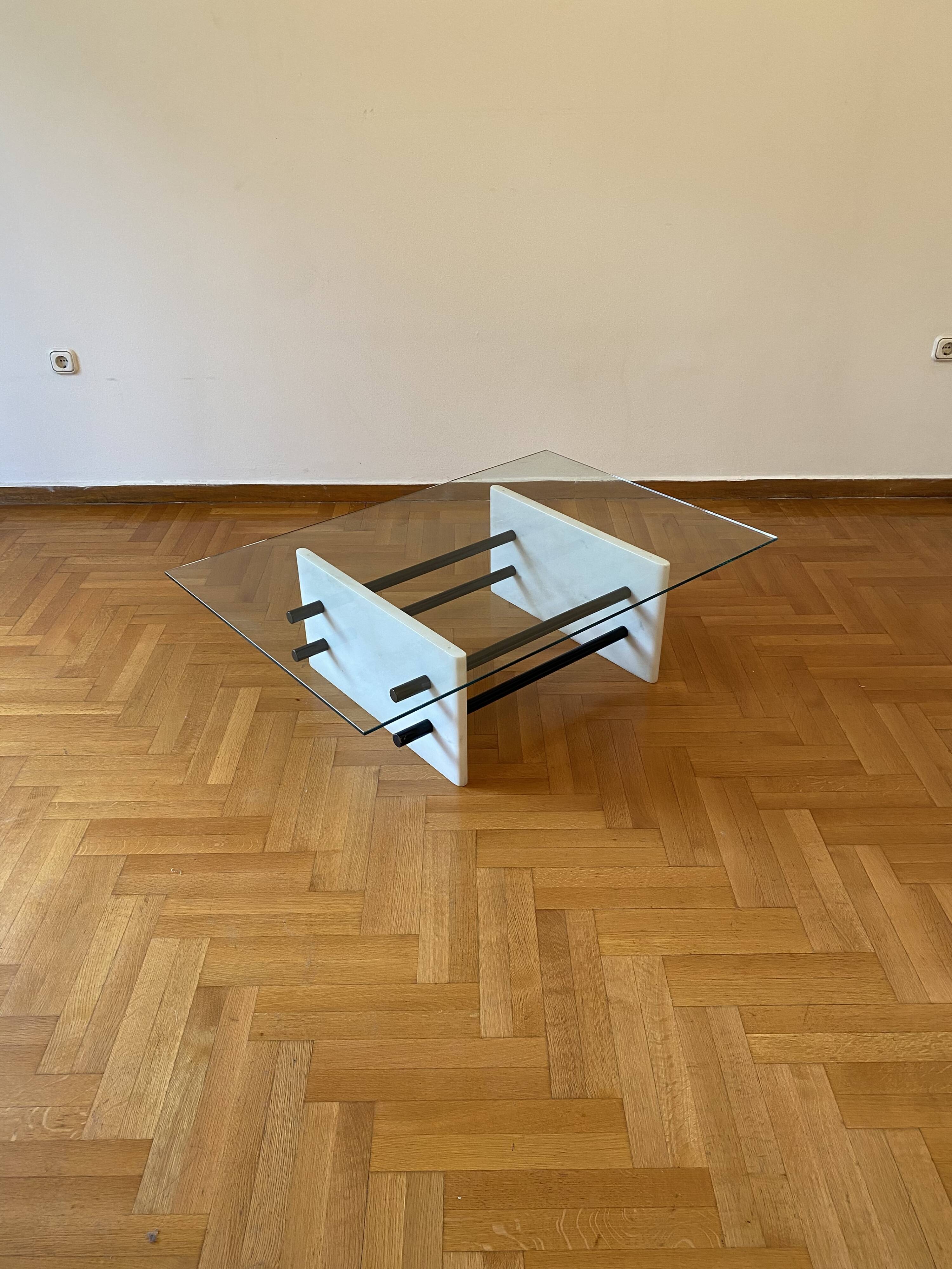 1980s White Marble Rectangular Coffee Table Postmodern Glass