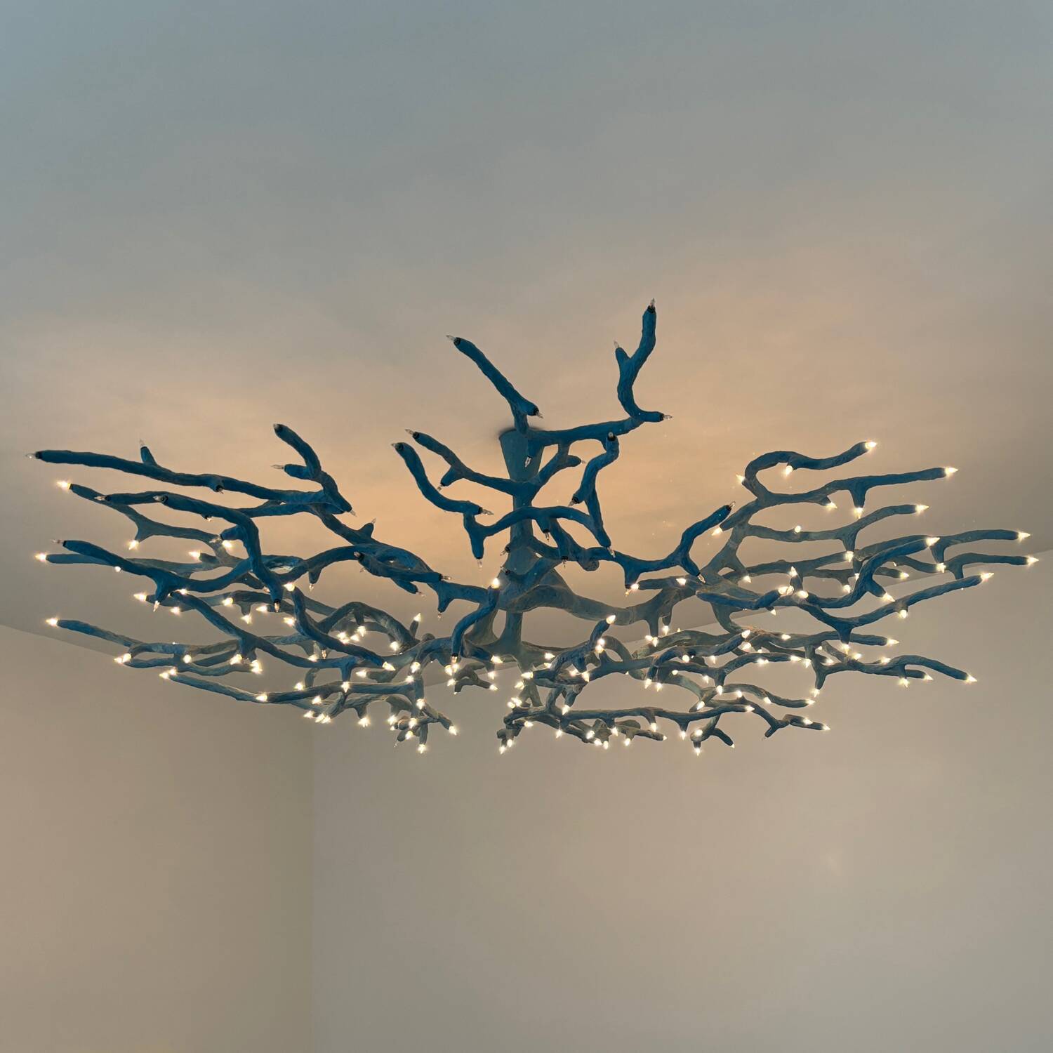 Blue resin chandelier, unique piece created by a visual artist