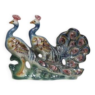 Italian Ceramic Sculpture with two Peacocks, 1960s hand-painted
