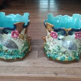 Pair of "Perdrix" Pot Covers Barbotine Onnaing