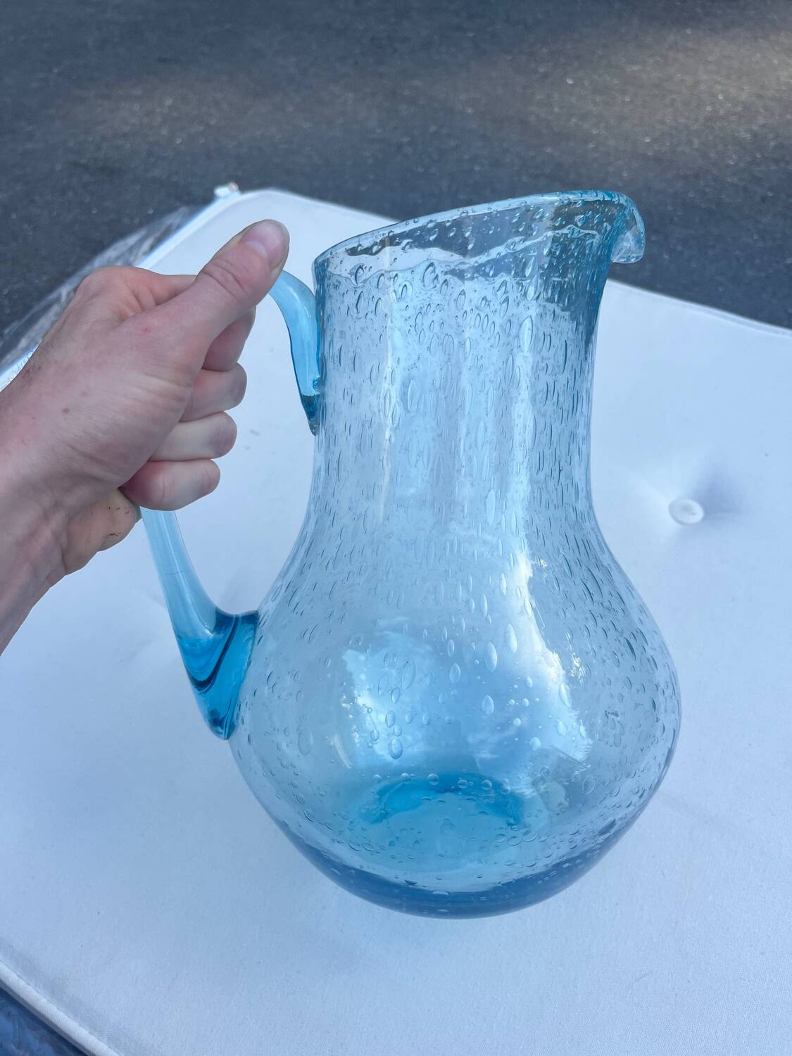 Blue bubble glass pitcher signed Biot – Provence