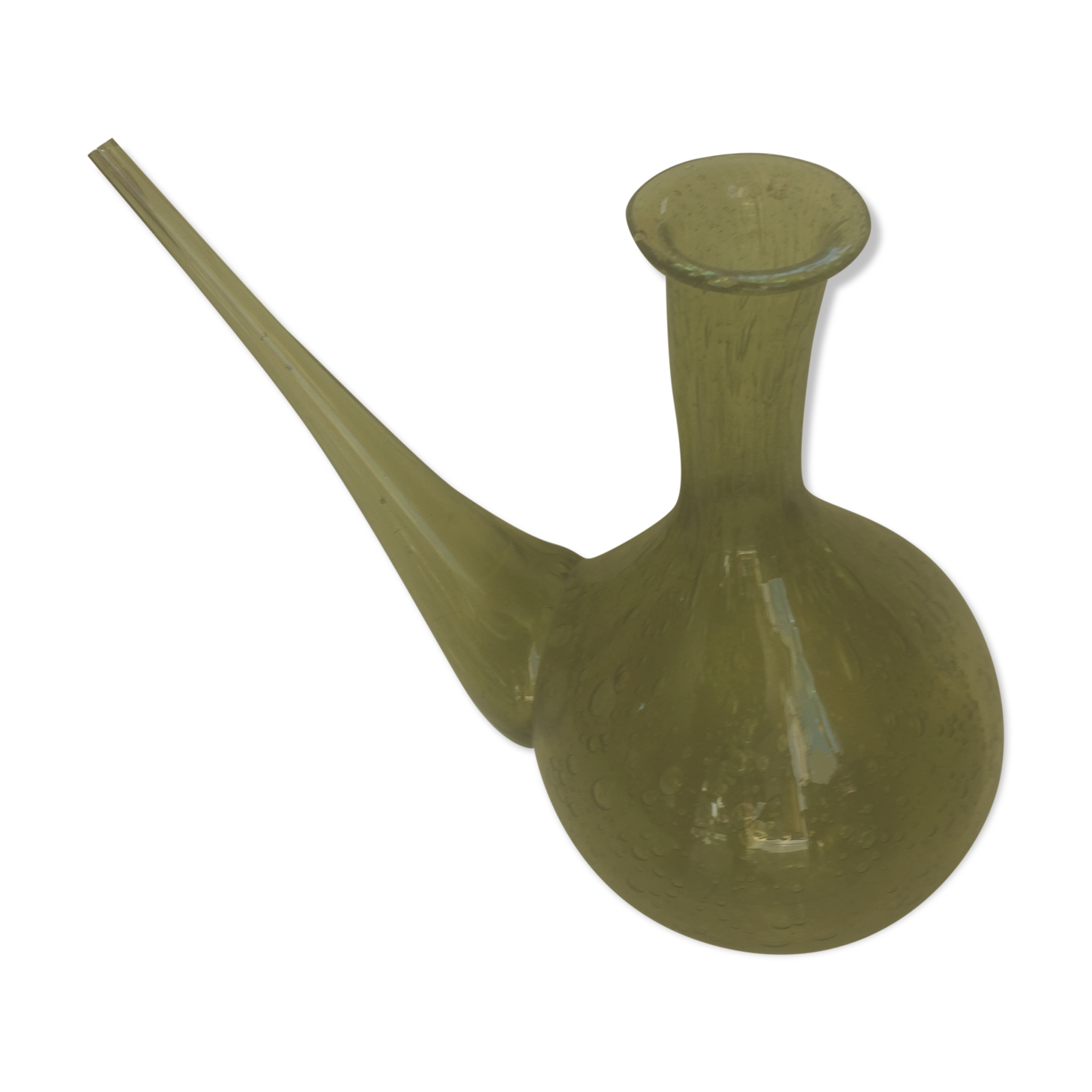 Green transparent glass bottle. Long-beaked biot.