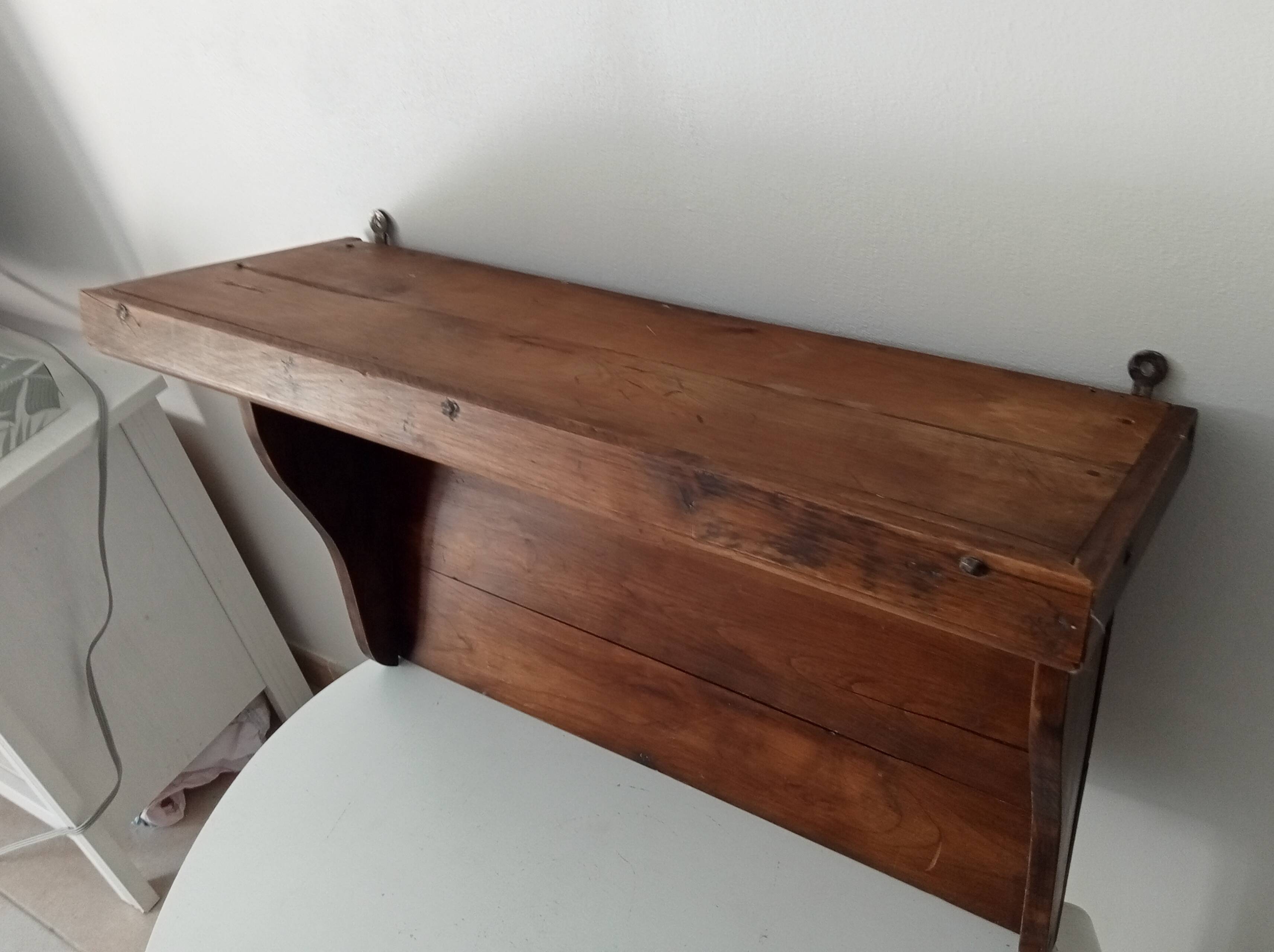 Antique wall shelf in solid chestnut with butcher's hooks
