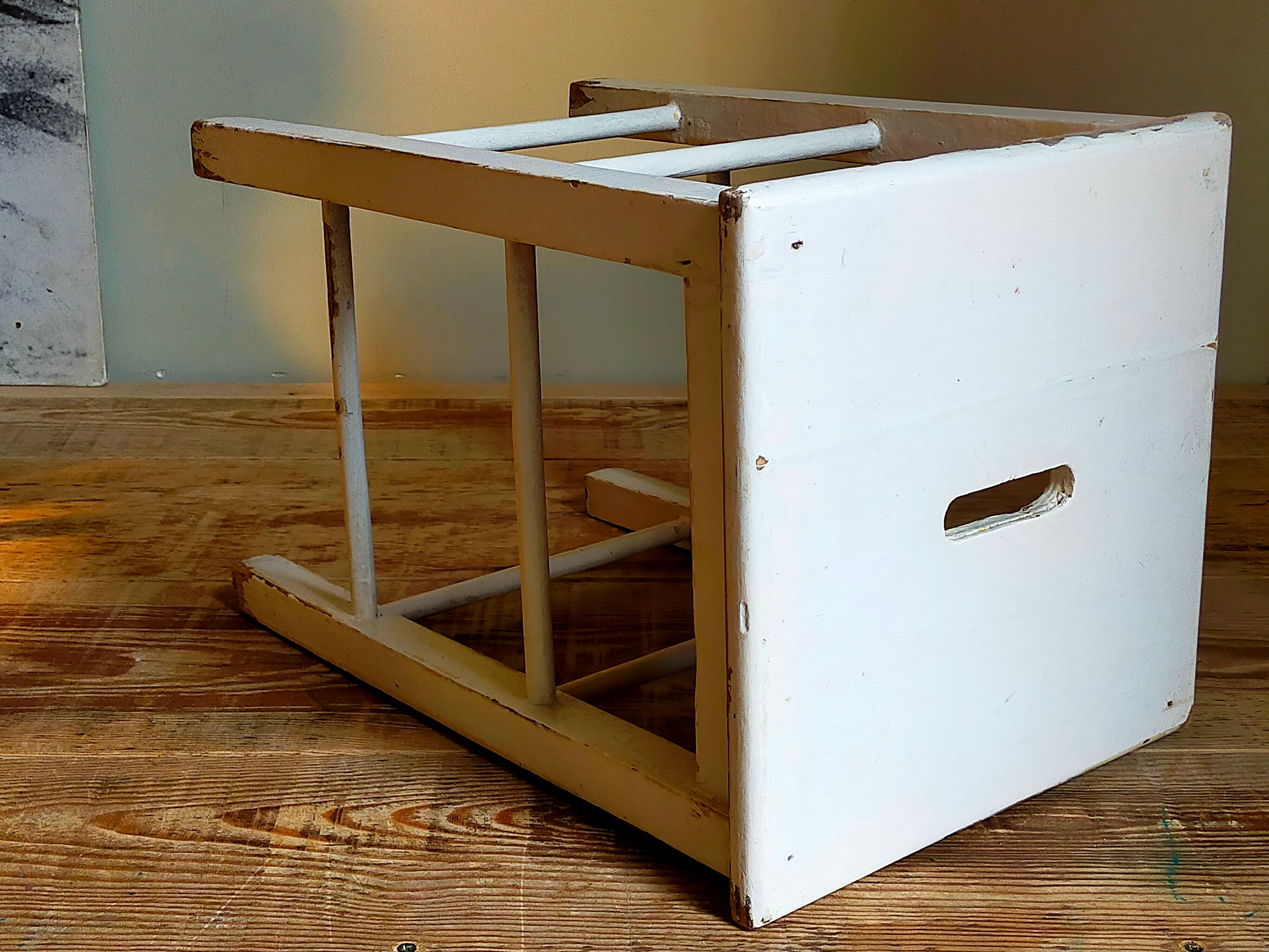 Workshop stool in vintage patinated solid wood