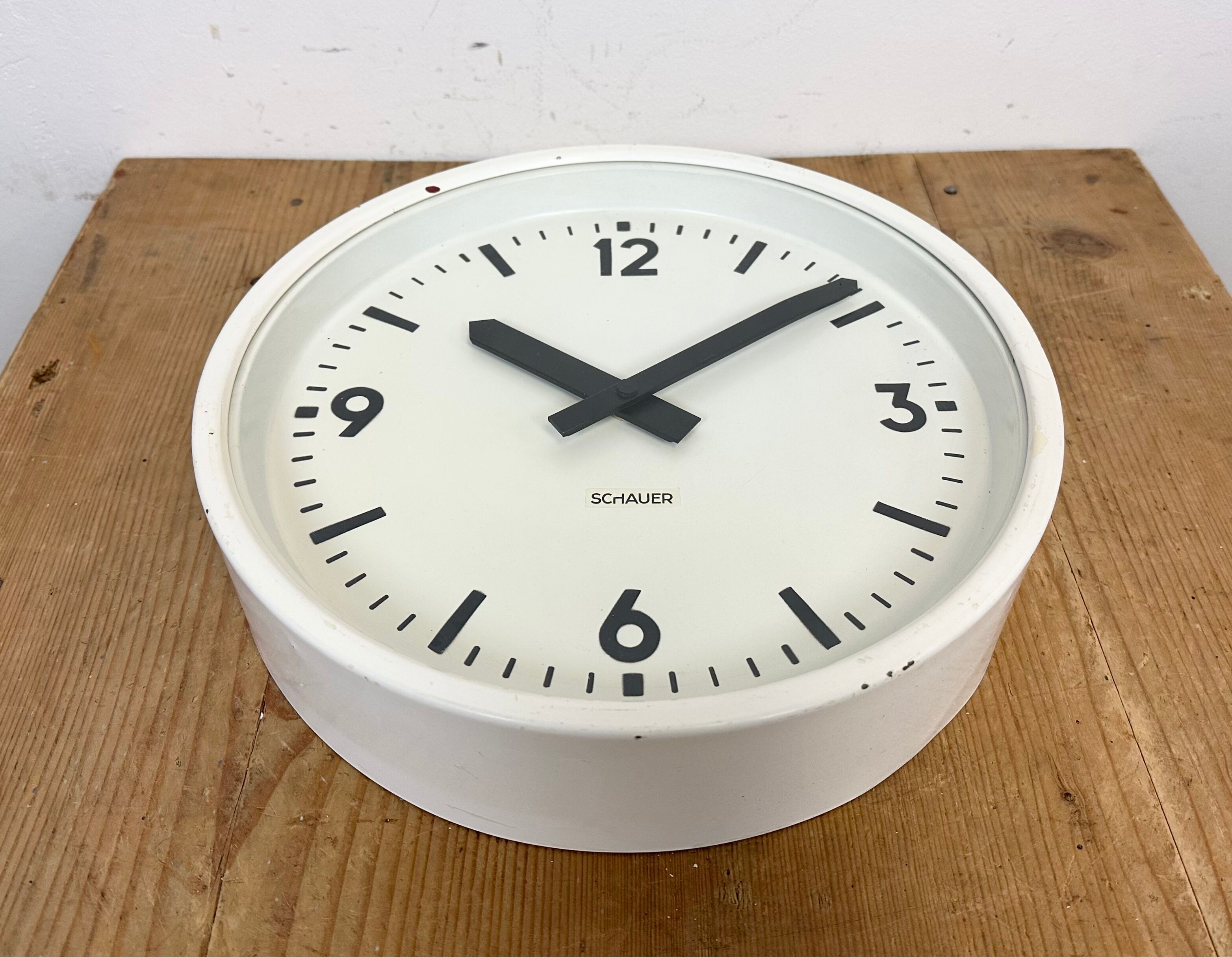 White industrial austrian factory wall clock from Schauer, 1960s