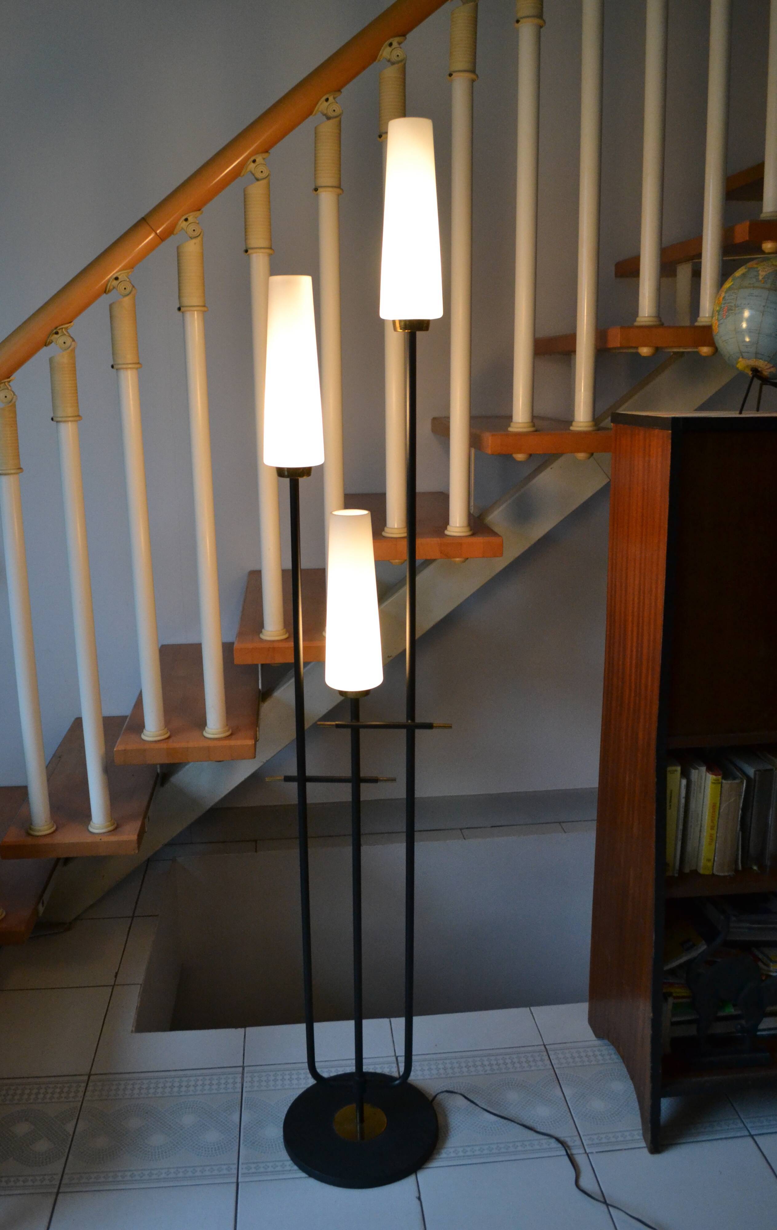 Vintage floor lamp Maison Arlus 3 lights opaline metal