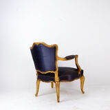 Louis XV style armchairs with original navy blue silk upholstery